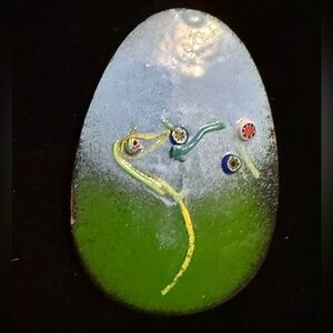 Artistic Green and Blue Enameled Pendant on Copper. Approx 2 3/4”X 1 3/4”.